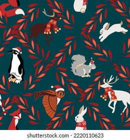 christmas seamless pattern with woodland animals and branches. Vector design for paper, fabric and other surface