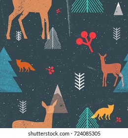 Christmas seamless pattern with woodland animals and trees in graphic style. Vector illustration with grunge texture and abstract clear forms. Dark blue and brown colors.