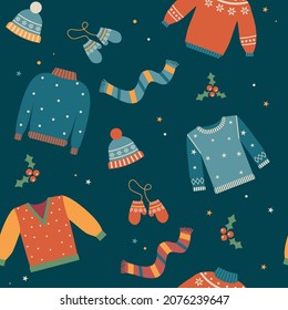 Christmas seamless pattern with wool jumpers, gloves, hats, scarfs, berries and stars. Vector illustration. 