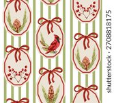 Christmas seamless pattern for wrapping paper with fir tree branch, cone and red cardinal bird