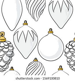 Christmas seamless pattern for wrapping paper. Hand drawn vector illustration. Tree toys. White cover