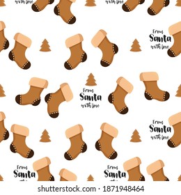 Christmas seamless pattern, wrapping paper. X-mas background with gingerbread cookies. Socks, fir trees, lettering from Santa with love. Design element for poster, sale banner, seasonal greetings. 