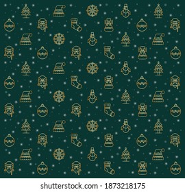 Christmas Seamless pattern. Christmas wrapping paper concept. Xmas golden icons on snowflakes green background.