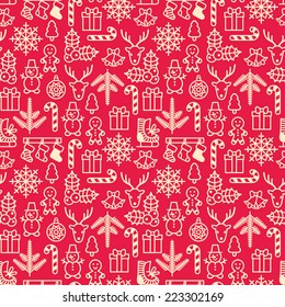 Christmas Seamless Pattern. Wrapping Paper In Vintage Style. Cute Xmas Characters. Deer Head. Snowman In Hat. Gingerbread Man. New Year Icons.