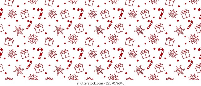 Christmas seamless pattern. Christmas wrapping paper vector. Peppermint candy, gift, snowflake icon