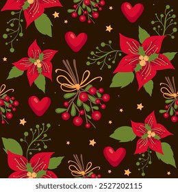 Christmas seamless pattern, wrapping paper, fabric, wallpaper. Textures for Christmas design with mistletoe, flowers. vector illustration