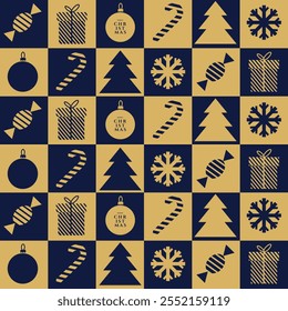 Weihnachten nahtloses Muster für Papier, Textil, Stoff, Hintergrund, Tapete. Moderner Weihnachtshintergrund im trendigen geometrischen Stil mit einfachen Feiertagssymbolen in goldenen und dunkelblauen Farben.