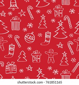 Christmas seamless pattern for wrapping paper, textile, wallpapers, gift wrap and scrapbook. Happy New Year 2018.  Doodles, sketch for your design. Red background. Vector.