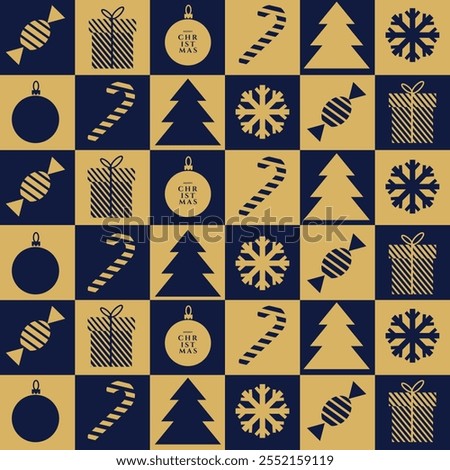 Christmas seamless pattern for wrapping paper, textile, fabric, background, wallpaper. Modern Xmas background in trendy geometric style with simple holiday icons in gold and dark blue colos.