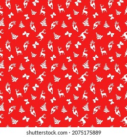 Christmas seamless pattern for wrapping papers. Background with deer, christmas trees, bows. Vector illustration.