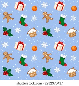 Christmas seamless pattern for wrapping and wallpaper, flat vector decorative elements.