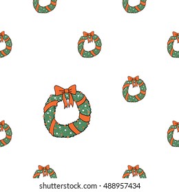 Christmas seamless pattern with christmas wreath. Beautiful vector background for decoration xmas designs. Cute minimalistic art elements on white backdrop.