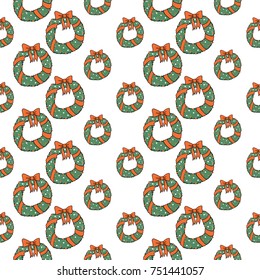 Christmas seamless pattern with christmas wreath. Beautiful vector background for decoration xmas designs. Cute minimalistic art elements on white backdrop.