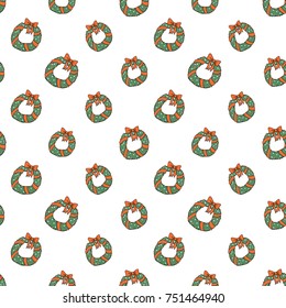 Christmas seamless pattern with christmas wreath. Beautiful vector background for decoration xmas designs. Cute minimalistic art elements on white backdrop.