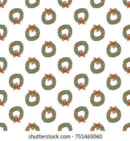 Christmas seamless pattern with christmas wreath. Beautiful vector background for decoration xmas designs. Cute minimalistic art elements on white backdrop.