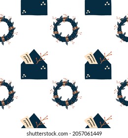 Weihnachtsnahtloses Muster mit Kranz und Umschlag. Vektorgrafik in Flachstil