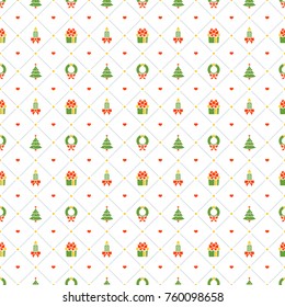 Christmas seamless pattern with Christmas wreath and gift on white background. Vector background for wrapping paper or greeting cards