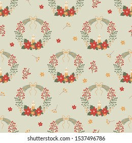 Christmas seamless pattern with a wreath of mistletoe, Holly, candle, flowers, berry in hand drawn style. Background for fabric, textile, wallpaper, wrapping paper. Vector illustration.
