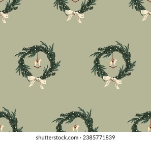 Christmas seamless pattern with wreath and ribbon and horse