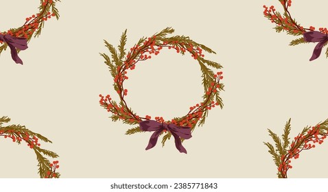 Christmas seamless pattern with wreath and ribbon