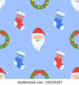 Christmas seamless pattern with wreath, socks and Santa Claus face on blue background. Vector texture.