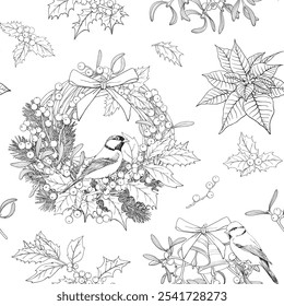 Navidades de patrón sin fisuras corona con pájaros de teta con ramas de abeto campanas de nochebuena de muérdago acebo. Fondo de Vector de elemento lineal dibujado a mano blanco negro para decoración de papel de paquete de diseño año nuevo