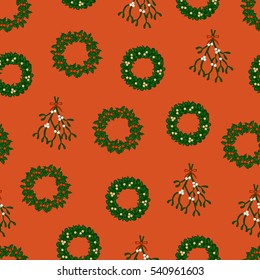Christmas seamless pattern. Wreaths and sprigs of mistletoe. Vector illustration.