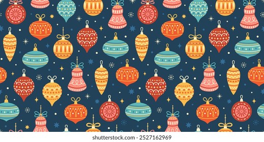 Christmas seamless pattern. Xmas abstract background with Christmas decoration, holiday balls, snowflakes and stars. Perfect for wallpaper, wrapping paper, cover design. Vector flat illustration.