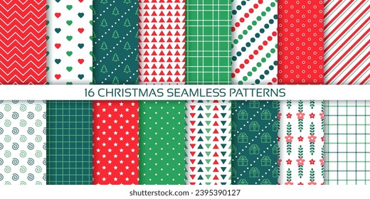 Patrón de Navidad sin fisuras. Fondo de Navidad. Festividades de Año Nuevo con puntos de polka, árbol, cheque, estrellas y triángulos. Conjunto de texturas noel. Papeles de envoltura verde rojo. Ilustración del vector