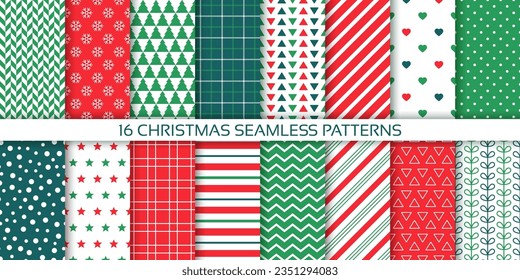 Christmas seamless pattern. Xmas backgrounds. Prints with zigzag, polka dot, snowflake, stripes and plaid. Set New year holiday textures. Red green wrapping paper. Festive design. Vector illustration