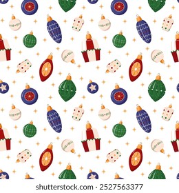 Christmas seamless pattern with xmas balls, tree toys. Hand drawn texture for winter holidays.Cute illustration for fabric, wrapping paper, postcard design. Stylish vector backgrounds, prints, design.