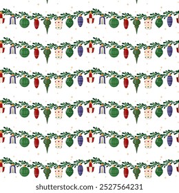 Christmas seamless pattern with xmas balls, tree toys. Hand drawn texture for winter holidays.Cute illustration for fabric, wrapping paper, postcard design. Stylish vector backgrounds, prints, design.