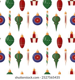 Christmas seamless pattern with xmas balls, tree toys. Hand drawn texture for winter holidays.Cute illustration for fabric, wrapping paper, postcard design. Stylish vector backgrounds, prints, design.