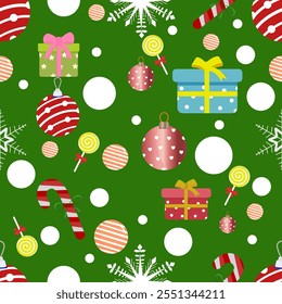 Weihnachten nahtloses Muster mit Weihnachtsbällen, Süßigkeiten, Geschenkbox, Schneeflocken und Bonbons Weihnachten auf grünem Hintergrund. 
