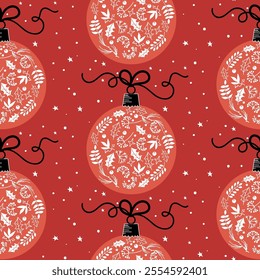 Christmas seamless pattern with Xmas balls and stars on a red background. Holiday gift wrapping paper, seasonal decor and digital projects, vector illustration