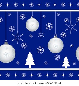 Christmas seamless pattern with xmas balls, stars, snowflakes and xmas trees on blue background. Raster also available.