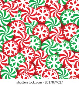 Christmas seamless pattern with xmas candy, snowflakes, red and green for greeting cards, fabric, wrapping papers. Vector illustration. Perfect for holidays. Separate elements.