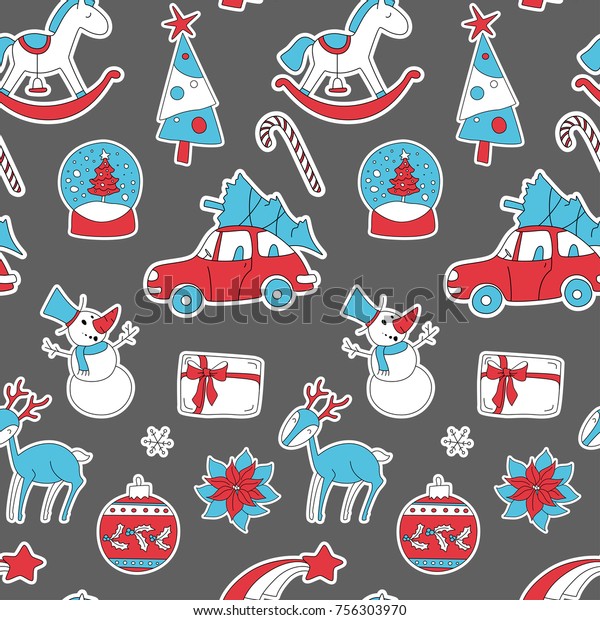 Christmas seamless pattern with xmas elements and\
symbols. Red and blue\
colors
