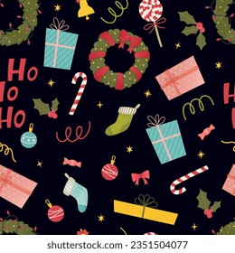 Christmas seamless pattern. Xmas festive background with wreaths, gift boxes, socks, ho-ho-ho, holly, bell, candies, balls