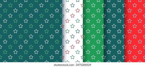 Christmas seamless pattern. Xmas holiday background. New year prints with stars. Set red green textures. Noel backdrops. Festive wrapping papers in flat design. Vector illustration