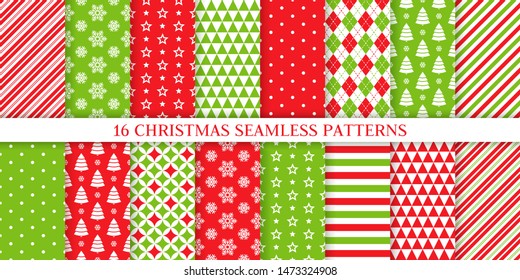 Christmas seamless pattern. Xmas, New year background. Vector. Endless texture with polka dot, candy cane stripe, snow, tree, star. Holiday print for wrapping paper web textile. Red green illustration