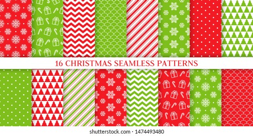 Christmas seamless pattern. Xmas, New year background. Vector. Endless texture with present, snowflake, candy cane stripe, polka dot, tree. Print for wrapping paper web textile. Red green illustration