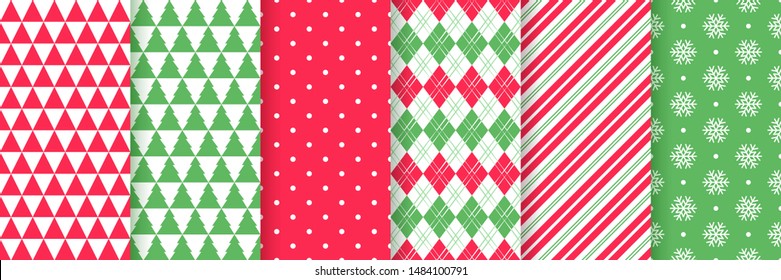 Christmas Seamless Pattern. Xmas New Year Texture. Vector. Festive Background With Triangle, Tree, Polka Dot, Rhombus, Candy Cane Stripes, Snowflake. Holiday Wrapping Paper. Red Green Illustration