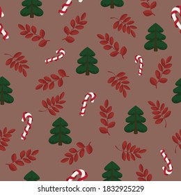 Christmas seamless pattern Xmas New year background. Vector Endless pattern with candy cane, Christmas tree, branch, foliage, leaf Print for wrapping paper web textile