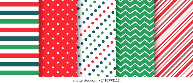 Christmas seamless pattern. Xmas, New year backgrounds. Set textures with stripes, polka dots and zigzag. Red green elegant prints for scrapbooking. Festive wrapping paper. Vector illustration