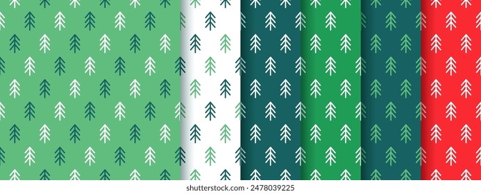 Christmas seamless pattern. Xmas, New year backgrounds with trees. Set of holiday textures. Scandinavian red green prints. Collection festive wrapping papers. Vector illustration. Geometric backdrop.