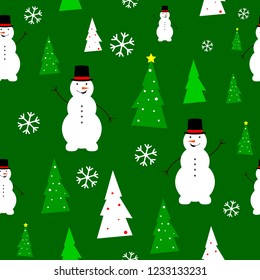 Christmas seamless pattern, Xmas poster design template, snowman and fir, vector illustration 