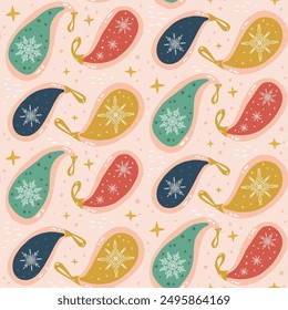 Navidades patrón sin fisuras. Fondo de repetición de Navidad. Paisley festivo de cristal baubles diseño sin fin. Patrón de superficie de temporada de vacaciones de año Nuevo. Vector dibujado a mano ilustración.