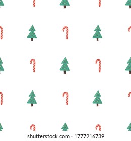 Christmas seamless pattern with xmas tree and striped candy. Merry christmas background. Wrapping paper, wallpaper, backdrop, fabric design. Vector retro illustration.