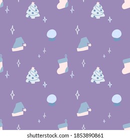 Christmas seamless pattern with xmas tree, stocking, santa's cap and glass snowball on purple background